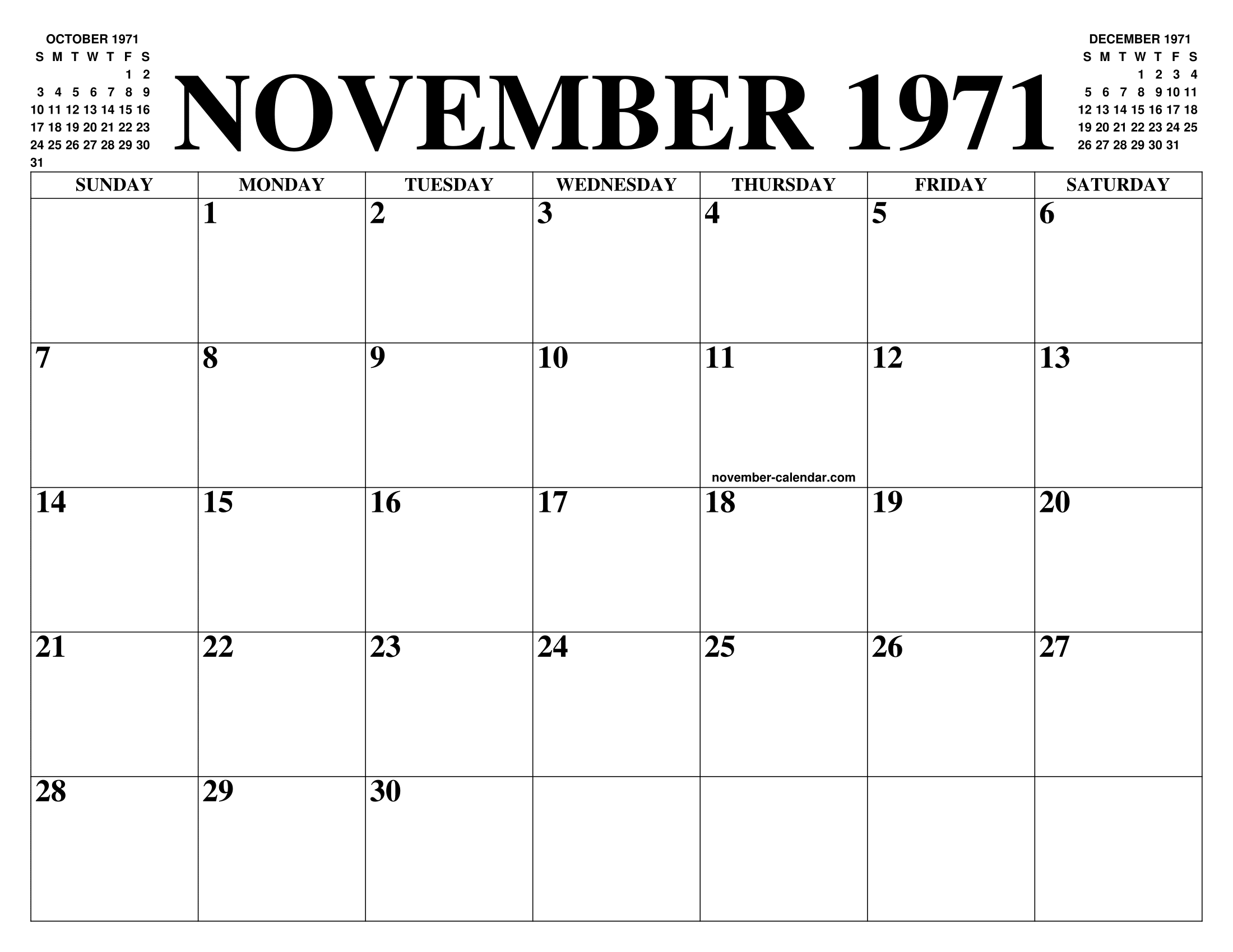 NOVEMBER 1971 CALENDAR OF THE MONTH: FREE PRINTABLE NOVEMBER CALENDAR