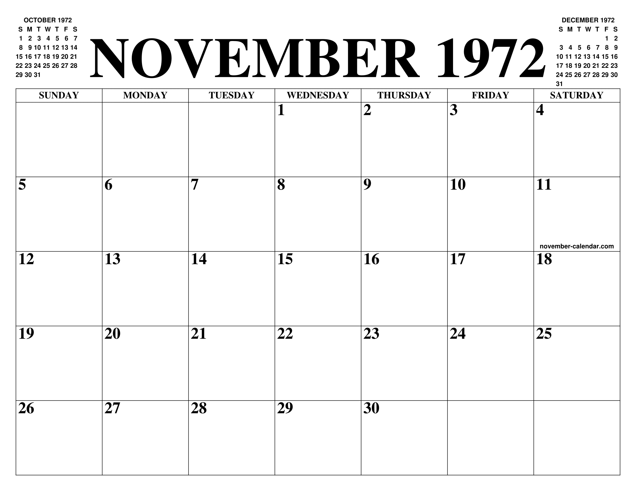 NOVEMBER 1972 CALENDAR OF THE MONTH FREE PRINTABLE NOVEMBER CALENDAR