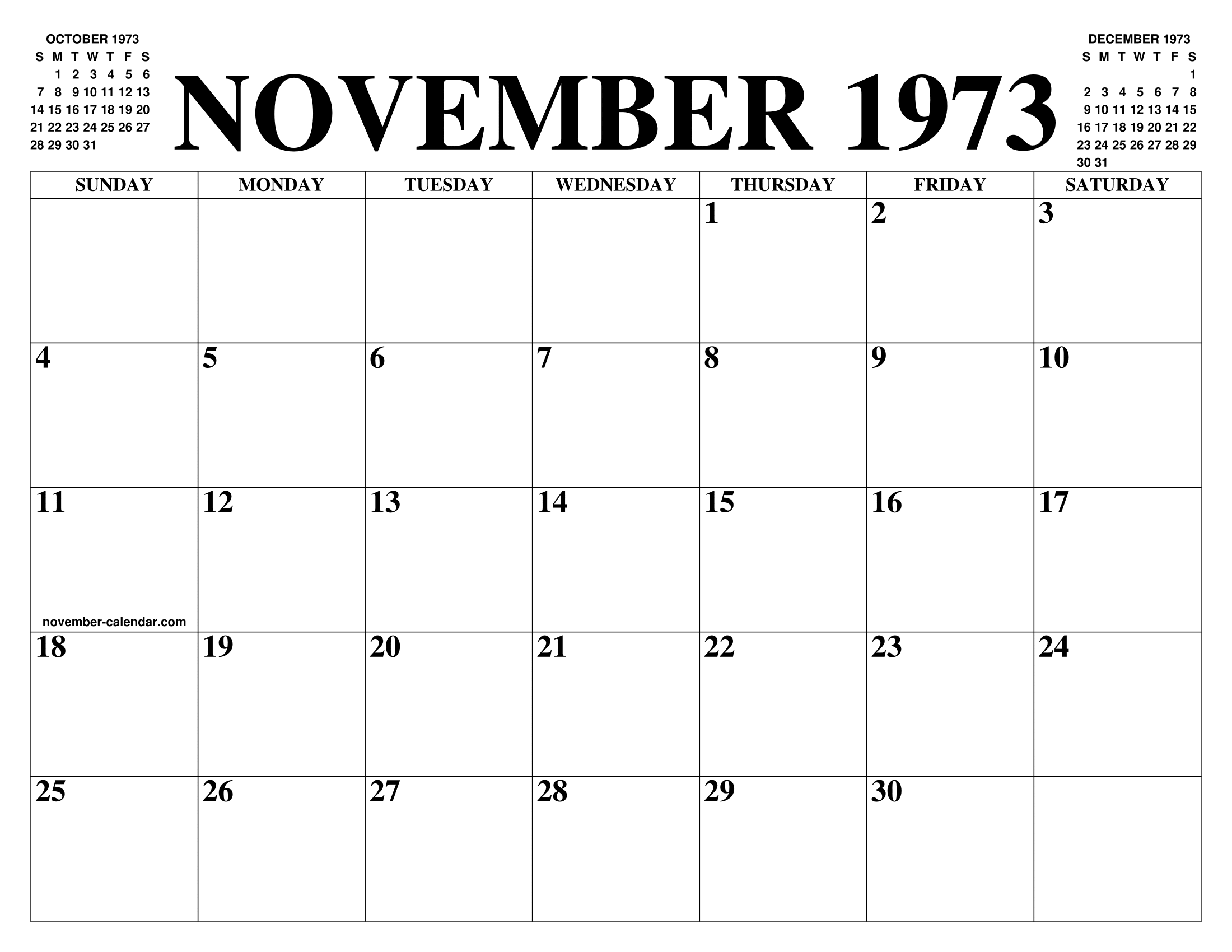 NOVEMBER 1973 CALENDAR OF THE MONTH: FREE PRINTABLE NOVEMBER CALENDAR