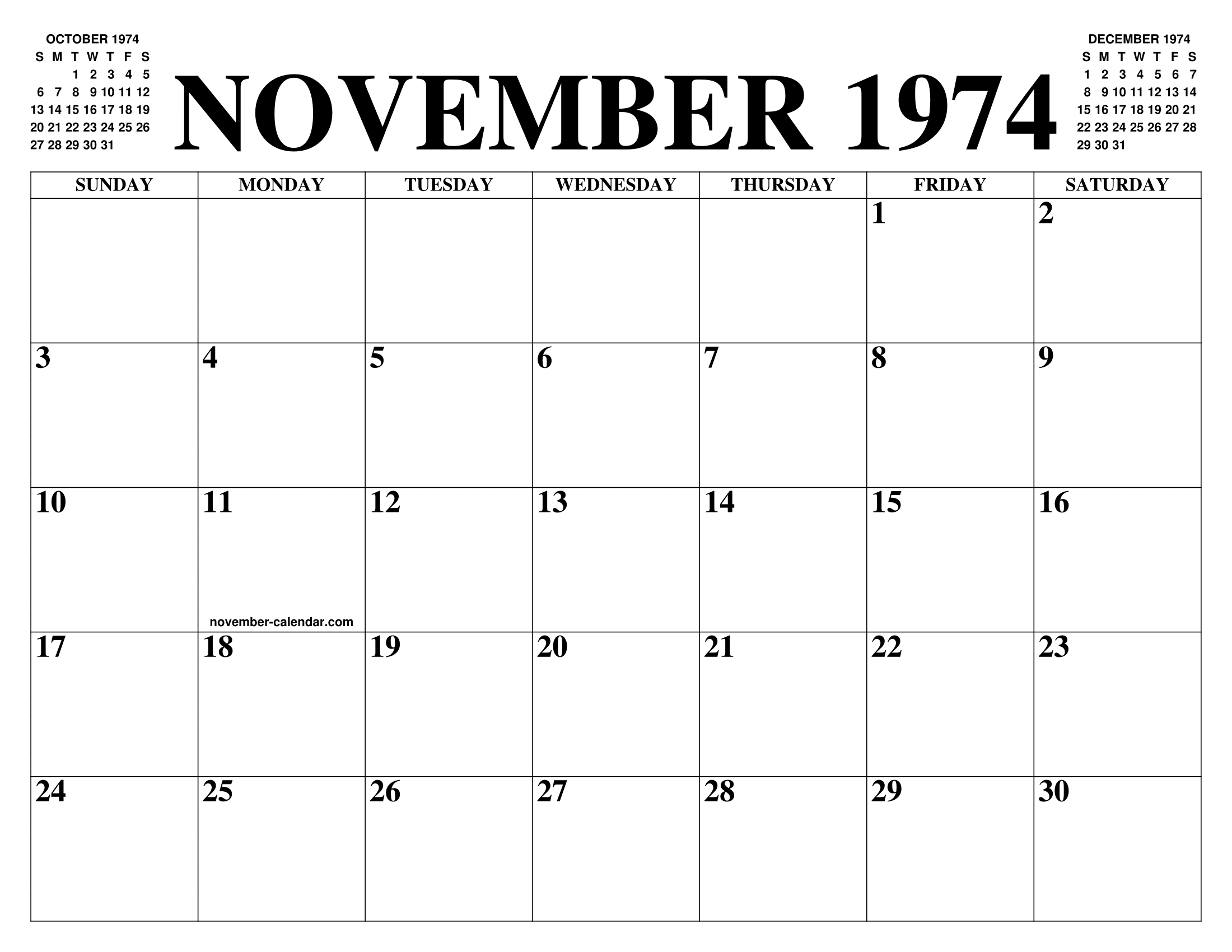 NOVEMBER 1974 CALENDAR OF THE MONTH FREE PRINTABLE NOVEMBER CALENDAR 