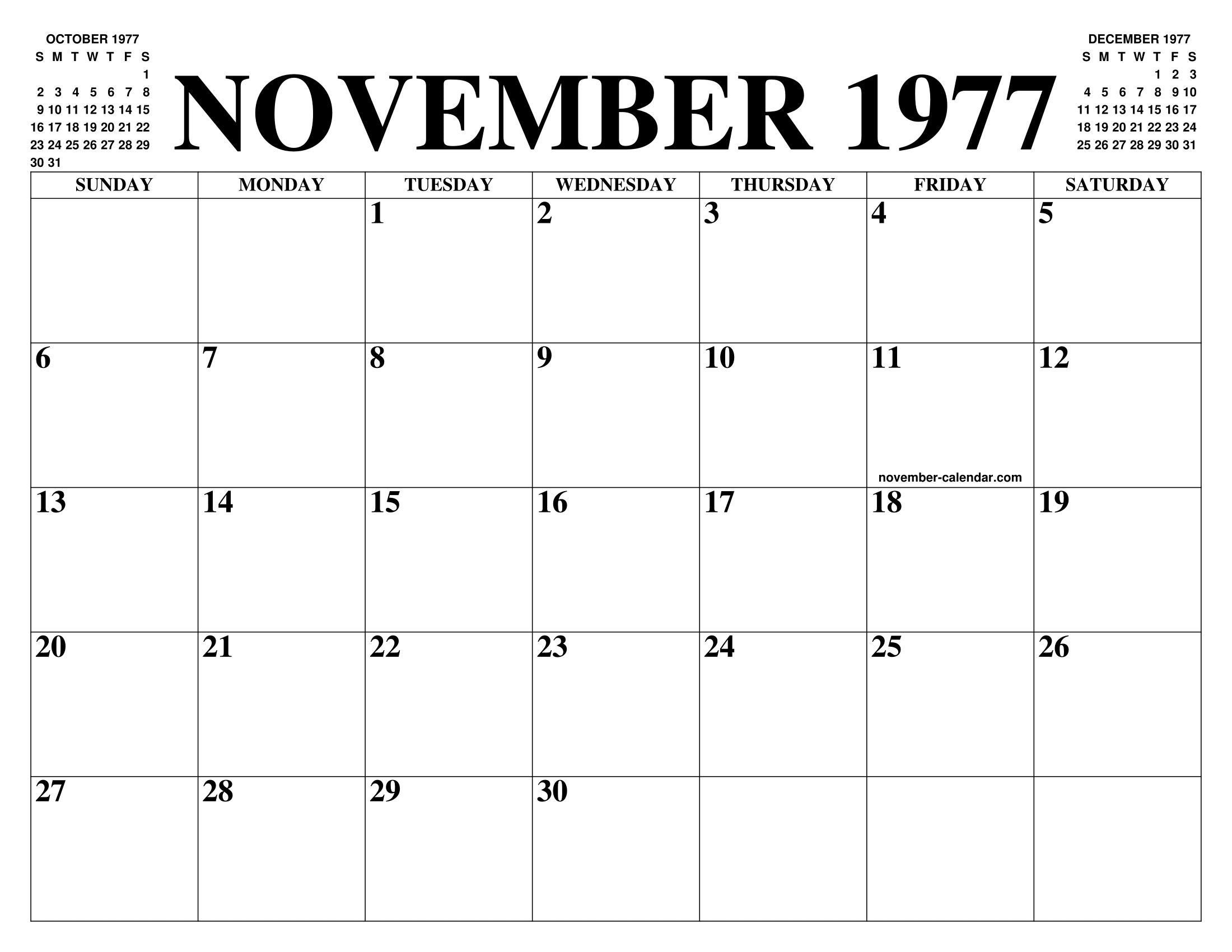 NOVEMBER 1977 CALENDAR OF THE MONTH: FREE PRINTABLE NOVEMBER CALENDAR