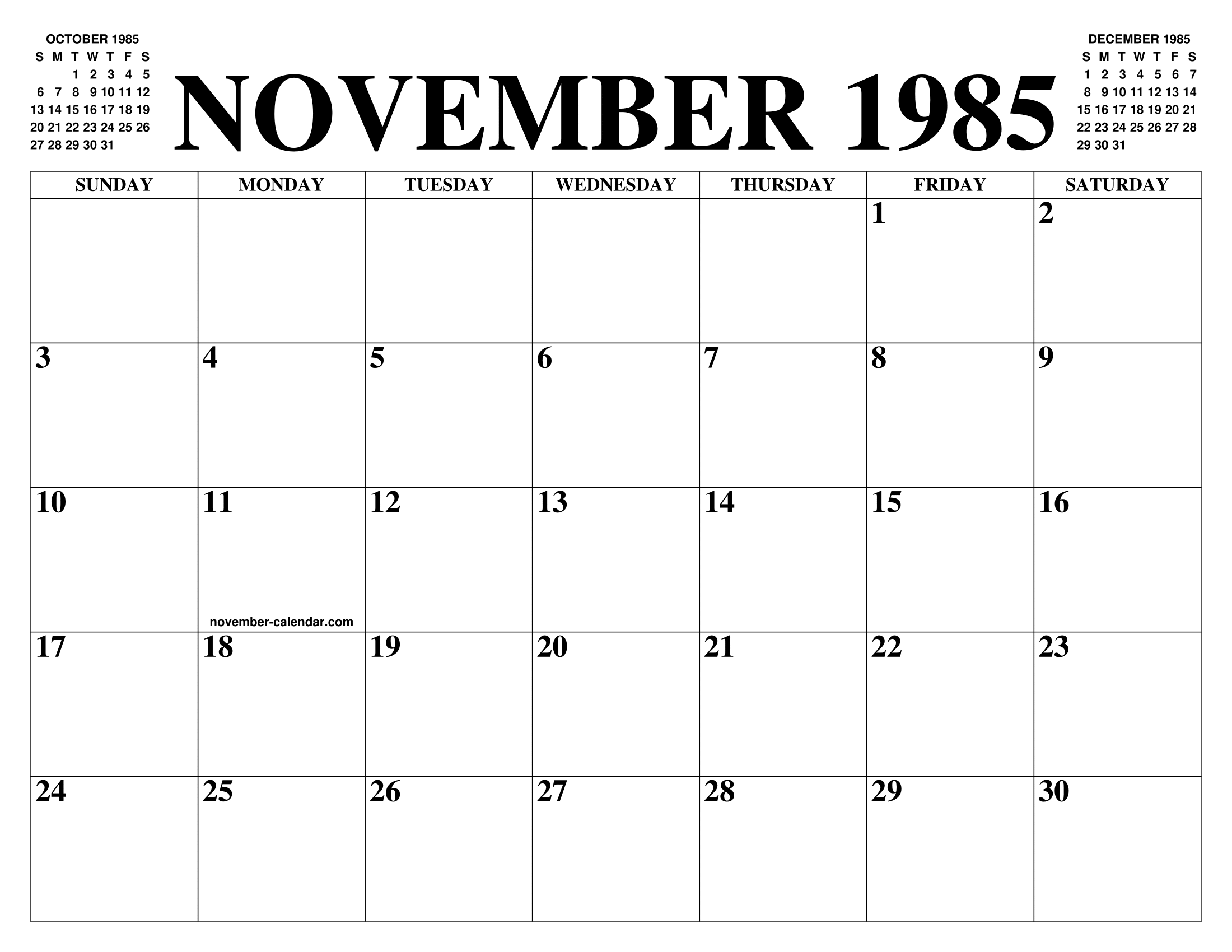 NOVEMBER 1985 CALENDAR OF THE MONTH: FREE PRINTABLE NOVEMBER CALENDAR OF  THE YEAR - AGENDA