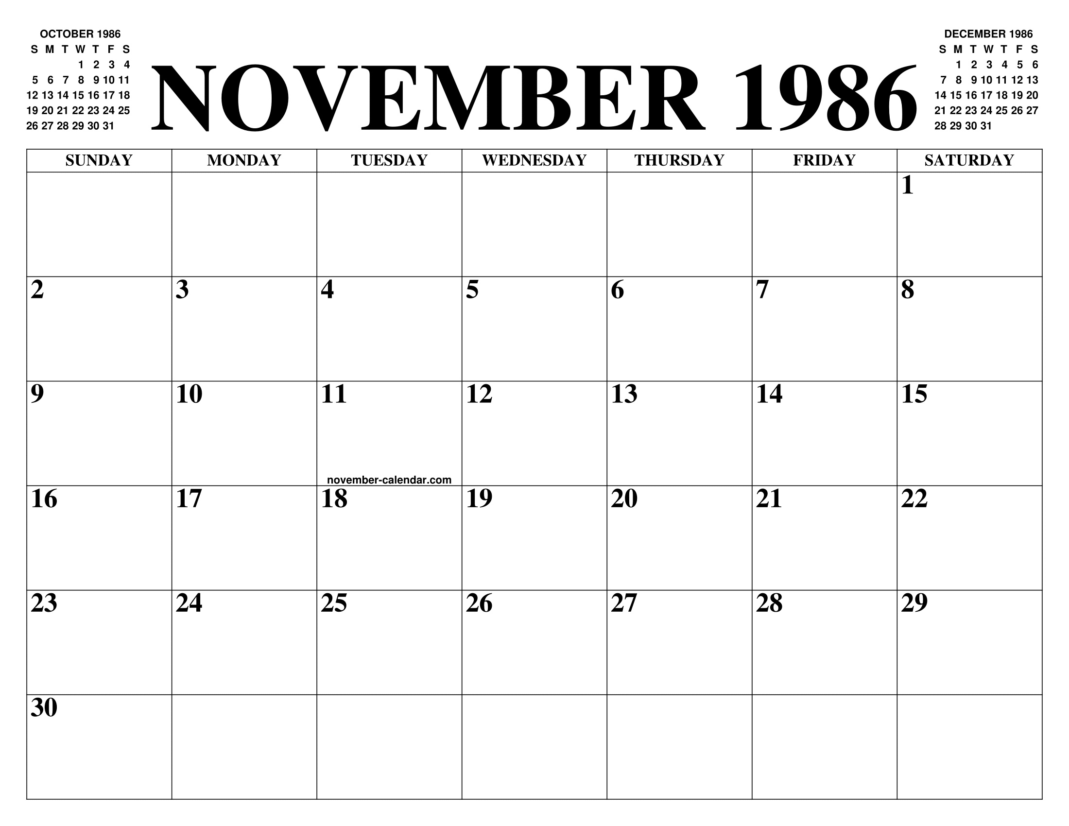 NOVEMBER 1986 CALENDAR OF THE MONTH: FREE PRINTABLE NOVEMBER CALENDAR