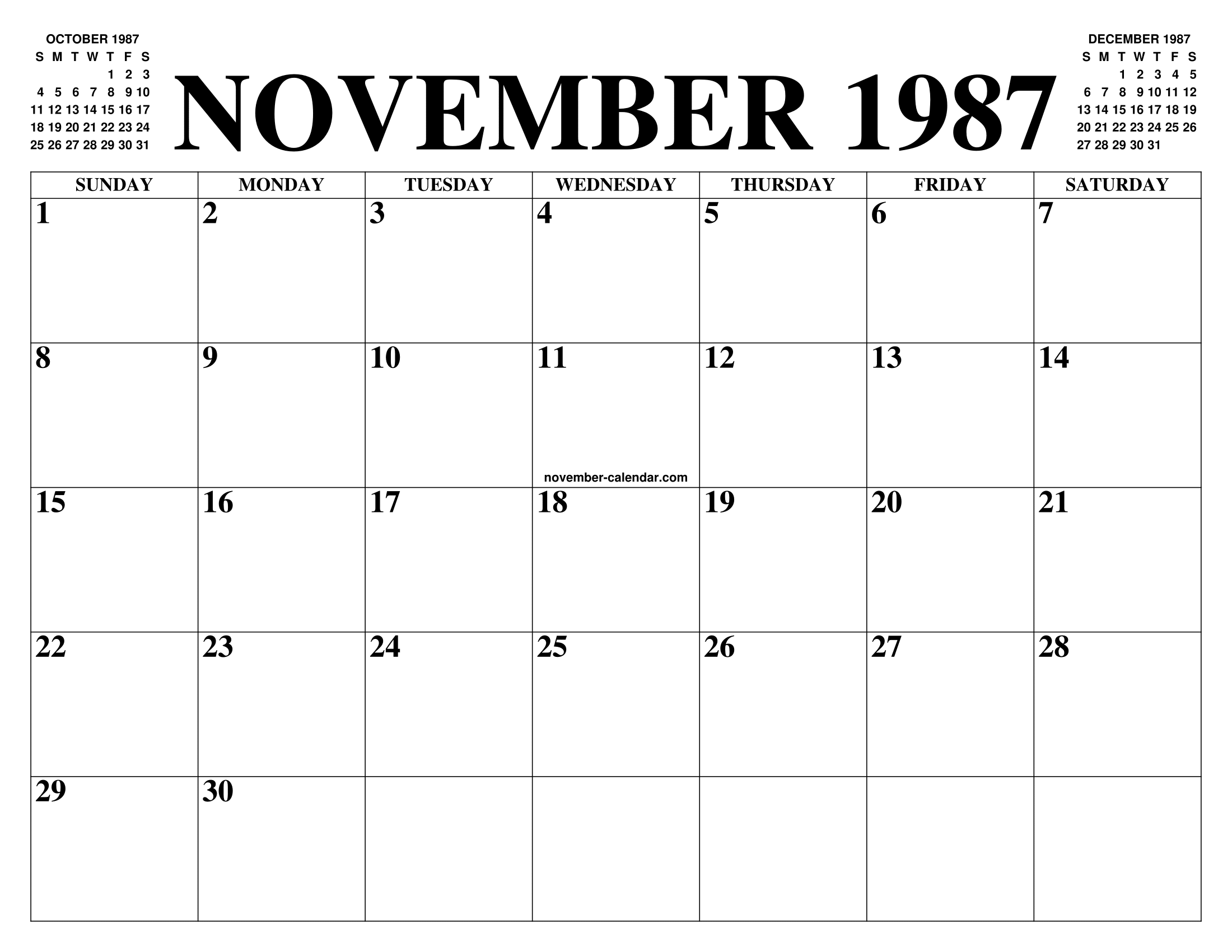 NOVEMBER 1987 CALENDAR OF THE MONTH: FREE PRINTABLE NOVEMBER CALENDAR