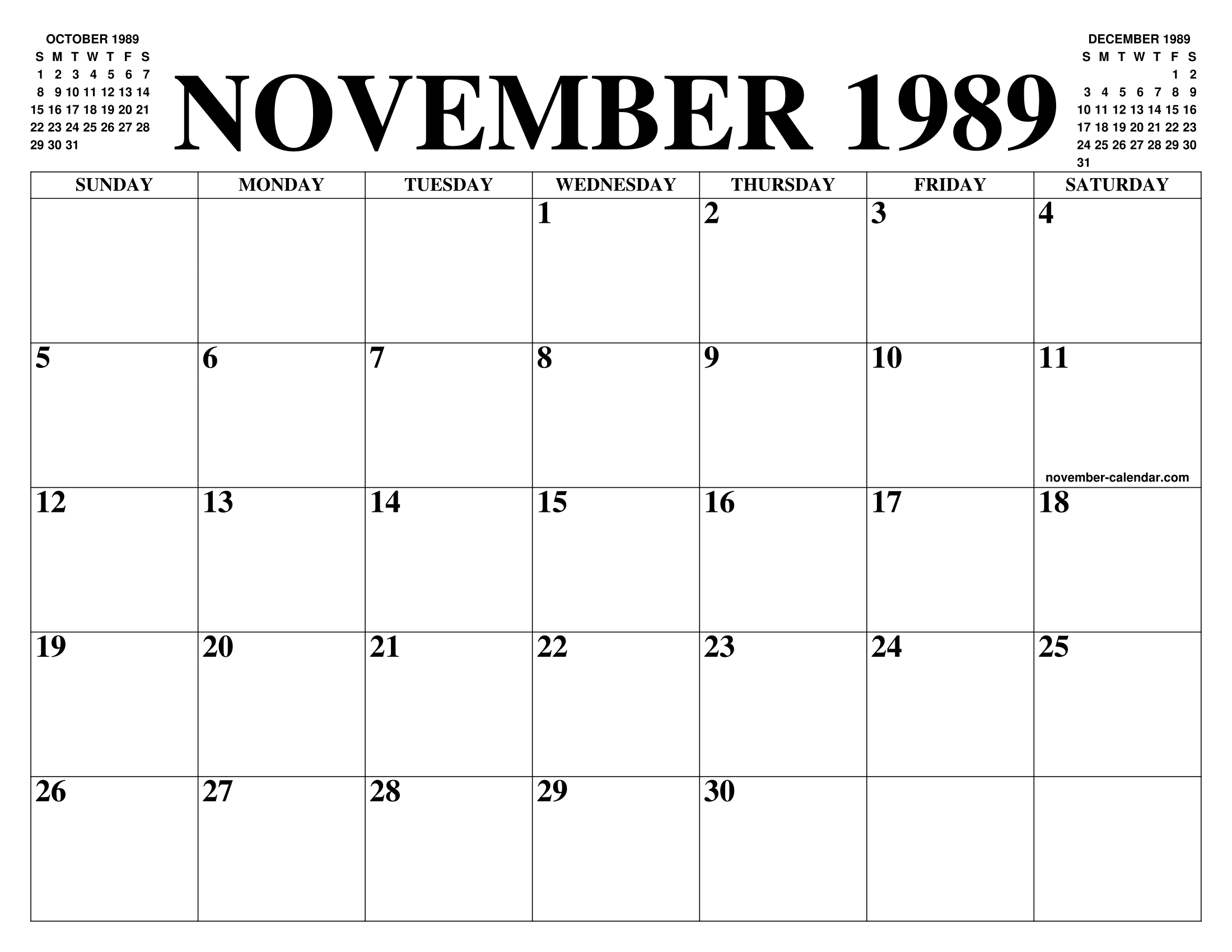 NOVEMBER 1989 CALENDAR OF THE MONTH FREE PRINTABLE NOVEMBER CALENDAR