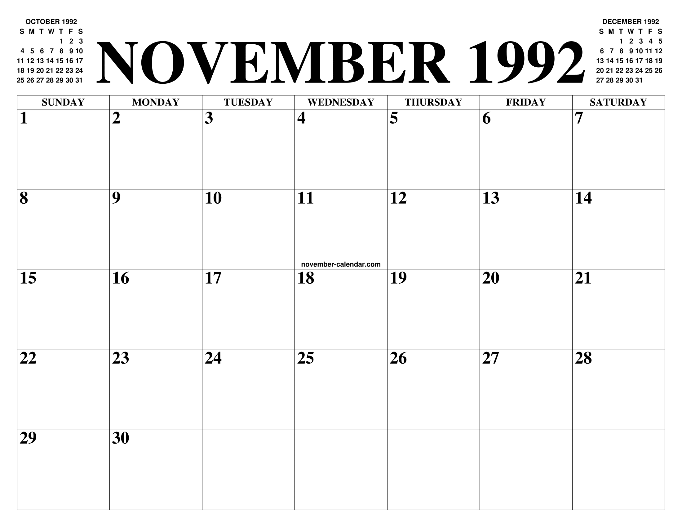 NOVEMBER 1992 CALENDAR OF THE MONTH: FREE PRINTABLE NOVEMBER CALENDAR