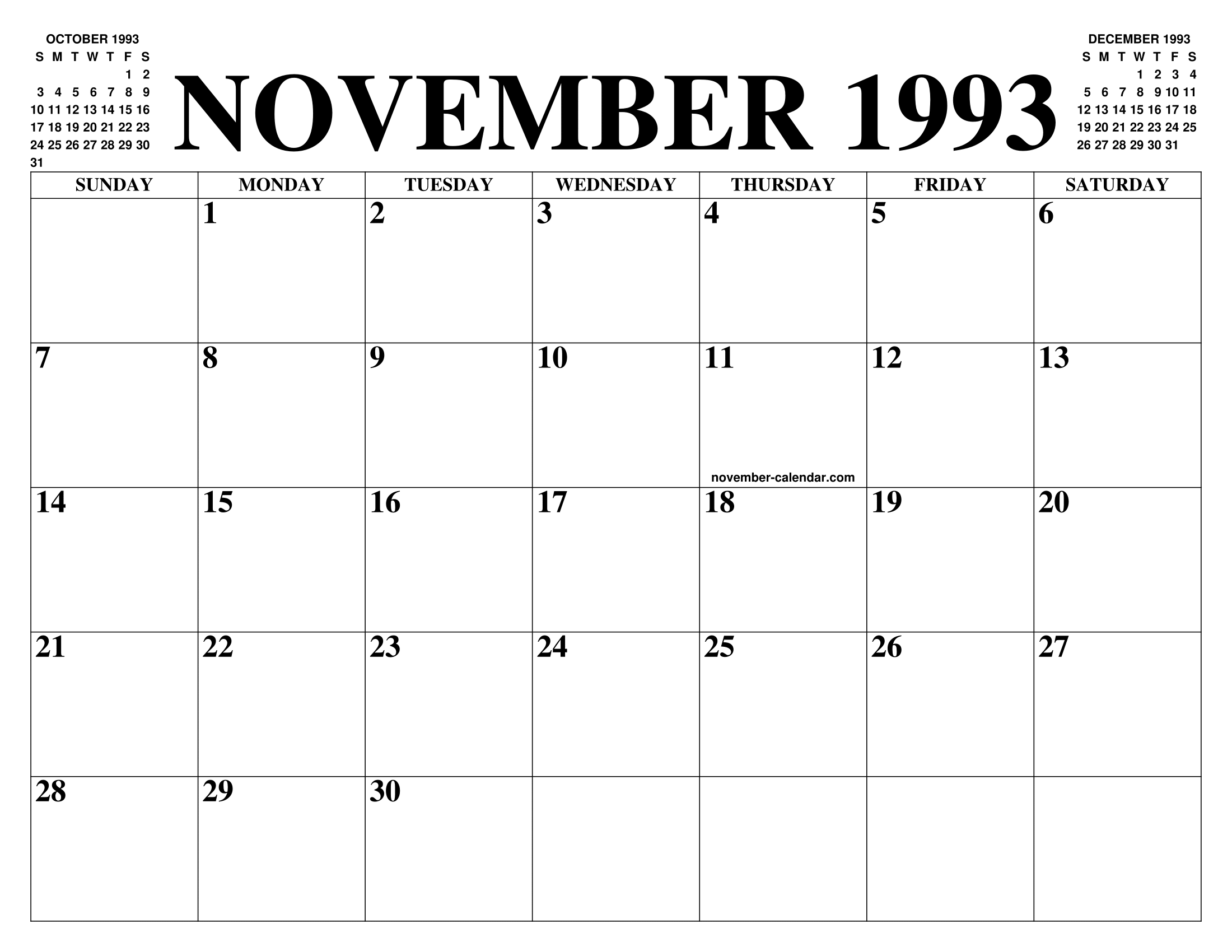 NOVEMBER 1993 CALENDAR OF THE MONTH: FREE PRINTABLE NOVEMBER CALENDAR