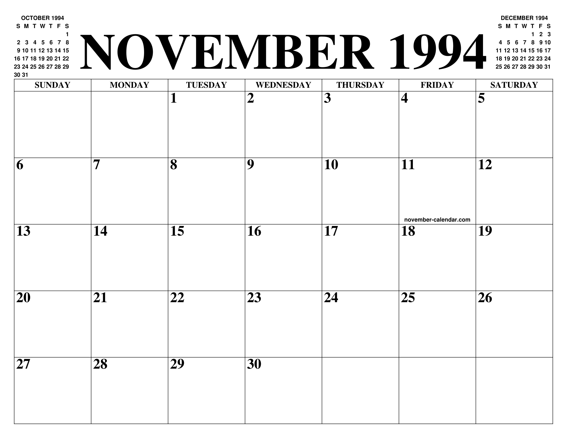 NOVEMBER 1994 CALENDAR OF THE MONTH: FREE PRINTABLE NOVEMBER CALENDAR OF  THE YEAR - AGENDA