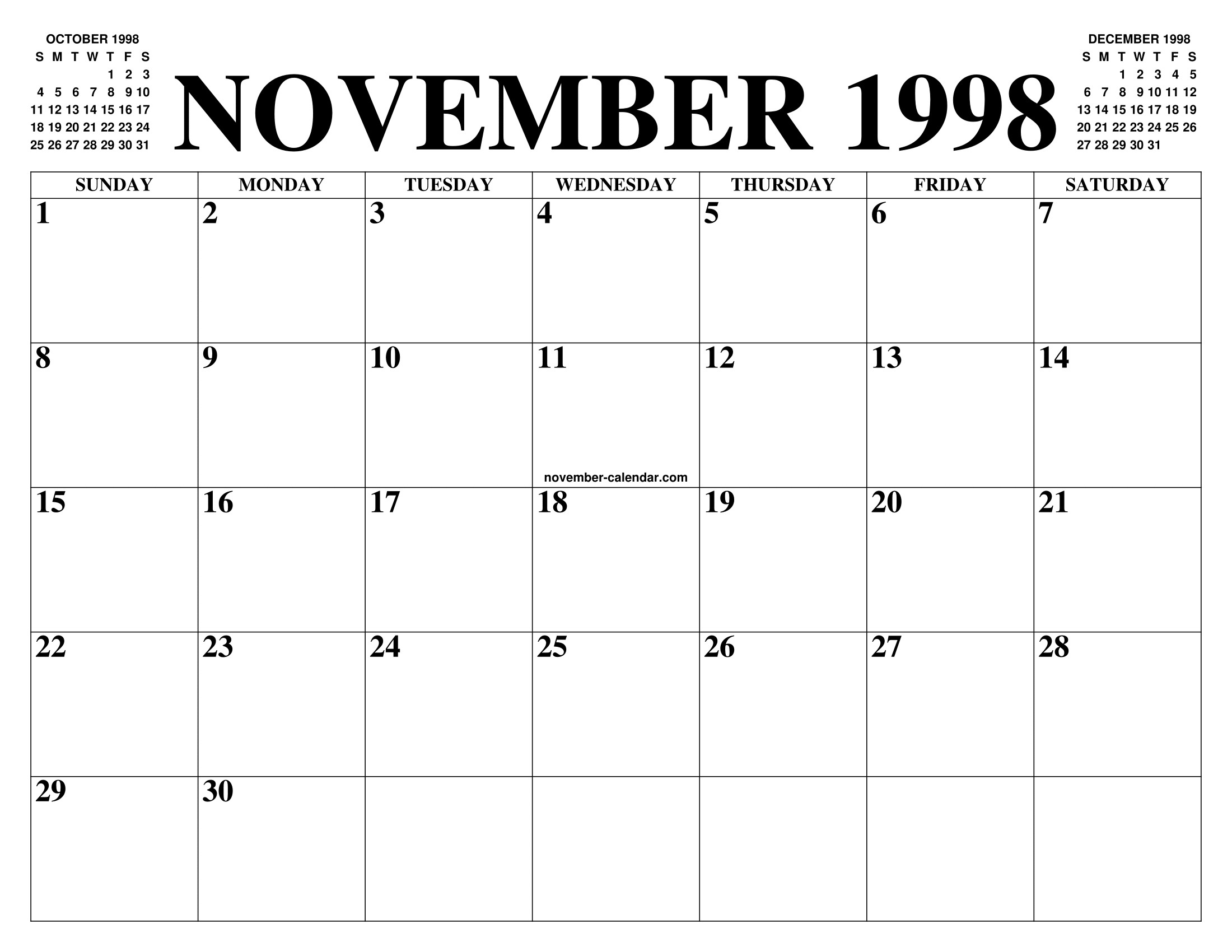 NOVEMBER 1998 CALENDAR OF THE MONTH: FREE PRINTABLE NOVEMBER CALENDAR OF  THE YEAR - AGENDA