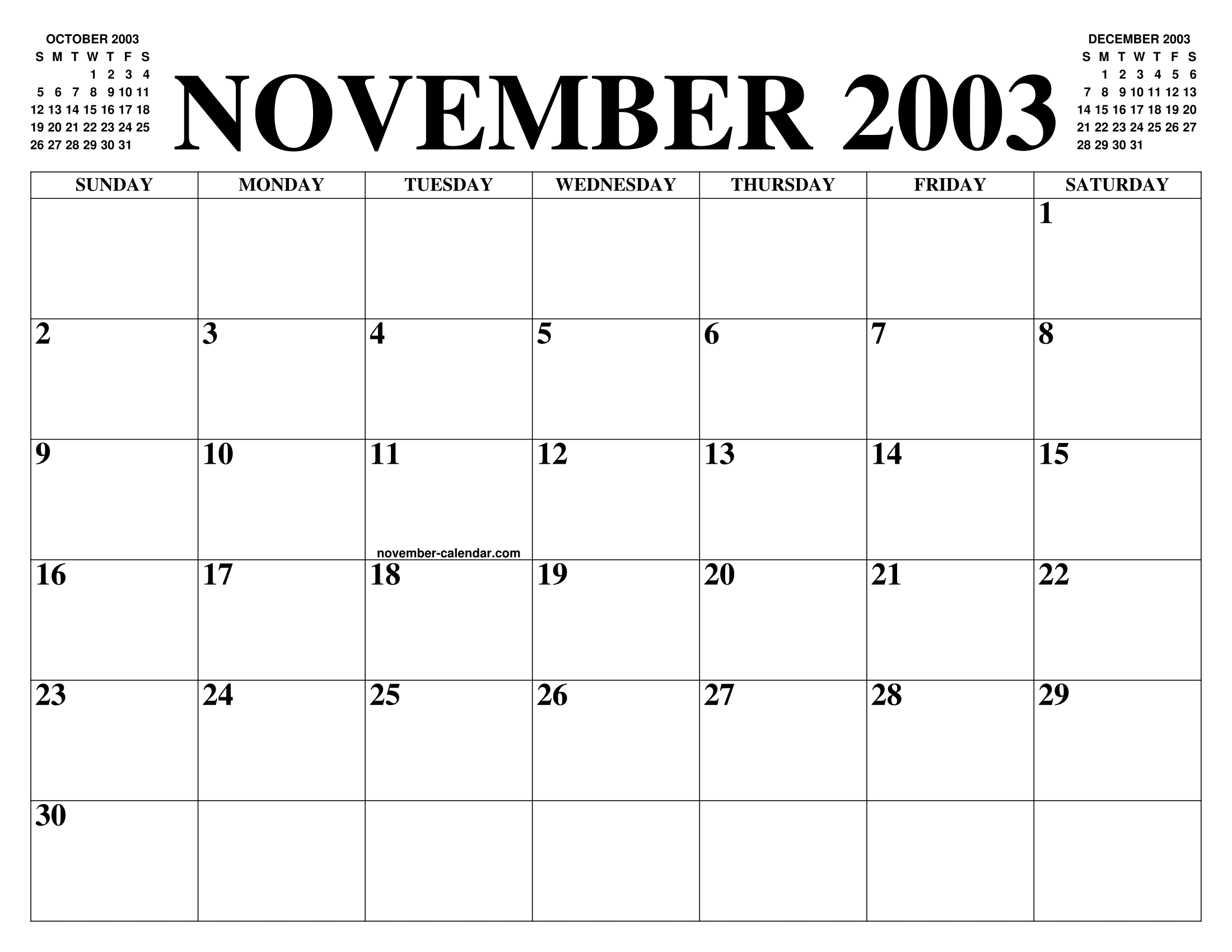 NOVEMBER 2003 CALENDAR OF THE MONTH FREE PRINTABLE NOVEMBER CALENDAR