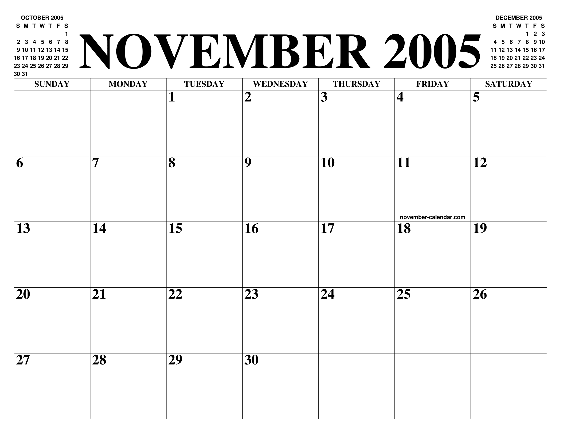 NOVEMBER 2005 CALENDAR OF THE MONTH: FREE PRINTABLE NOVEMBER CALENDAR