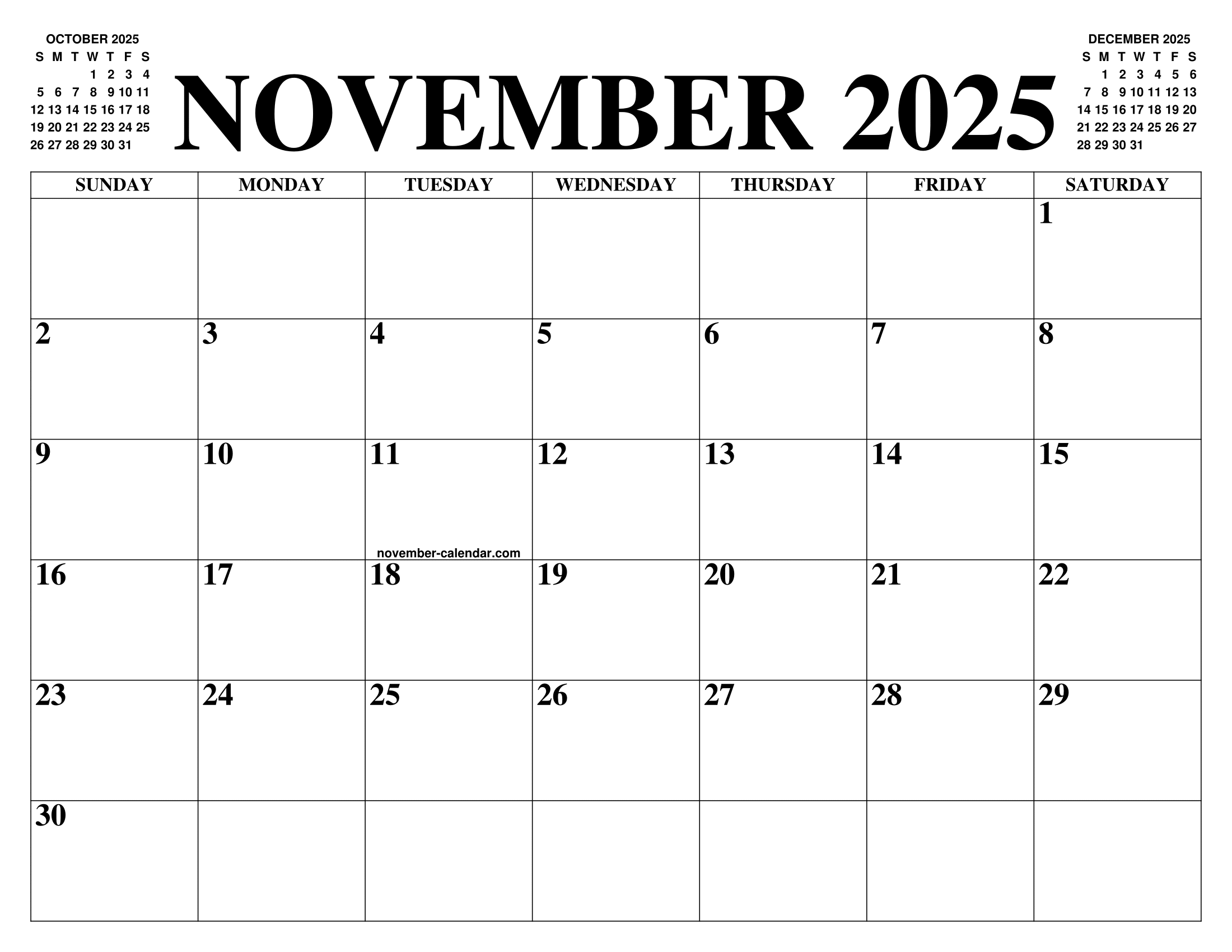 Free Monthly Calendar November 2025