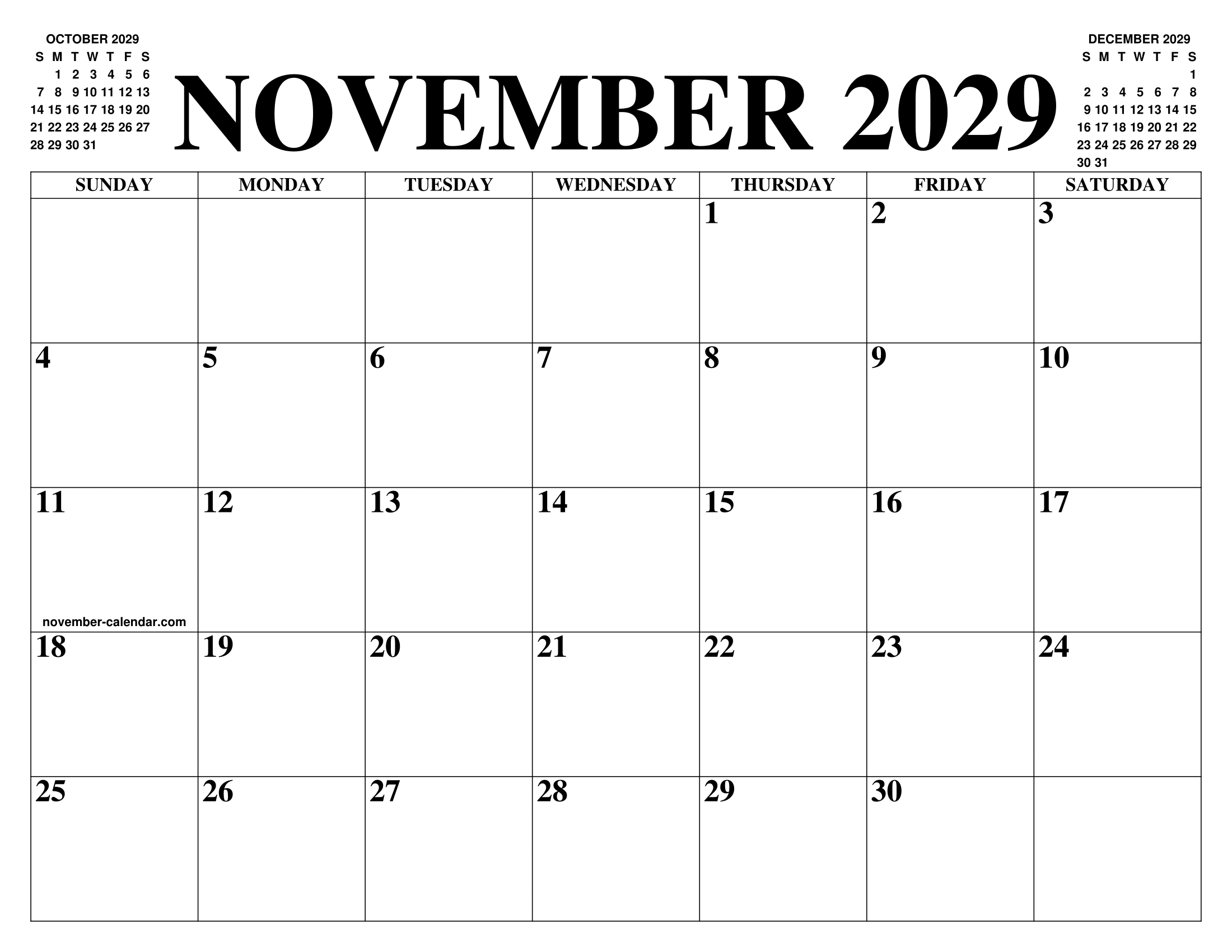 November 2029 Calendar Of The Month: Free Printable November Calendar 